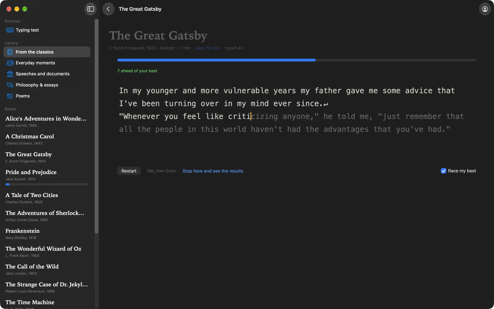 The opening of The Great Gatsby being typed against the ghost of the best run, seven characters ahead of it