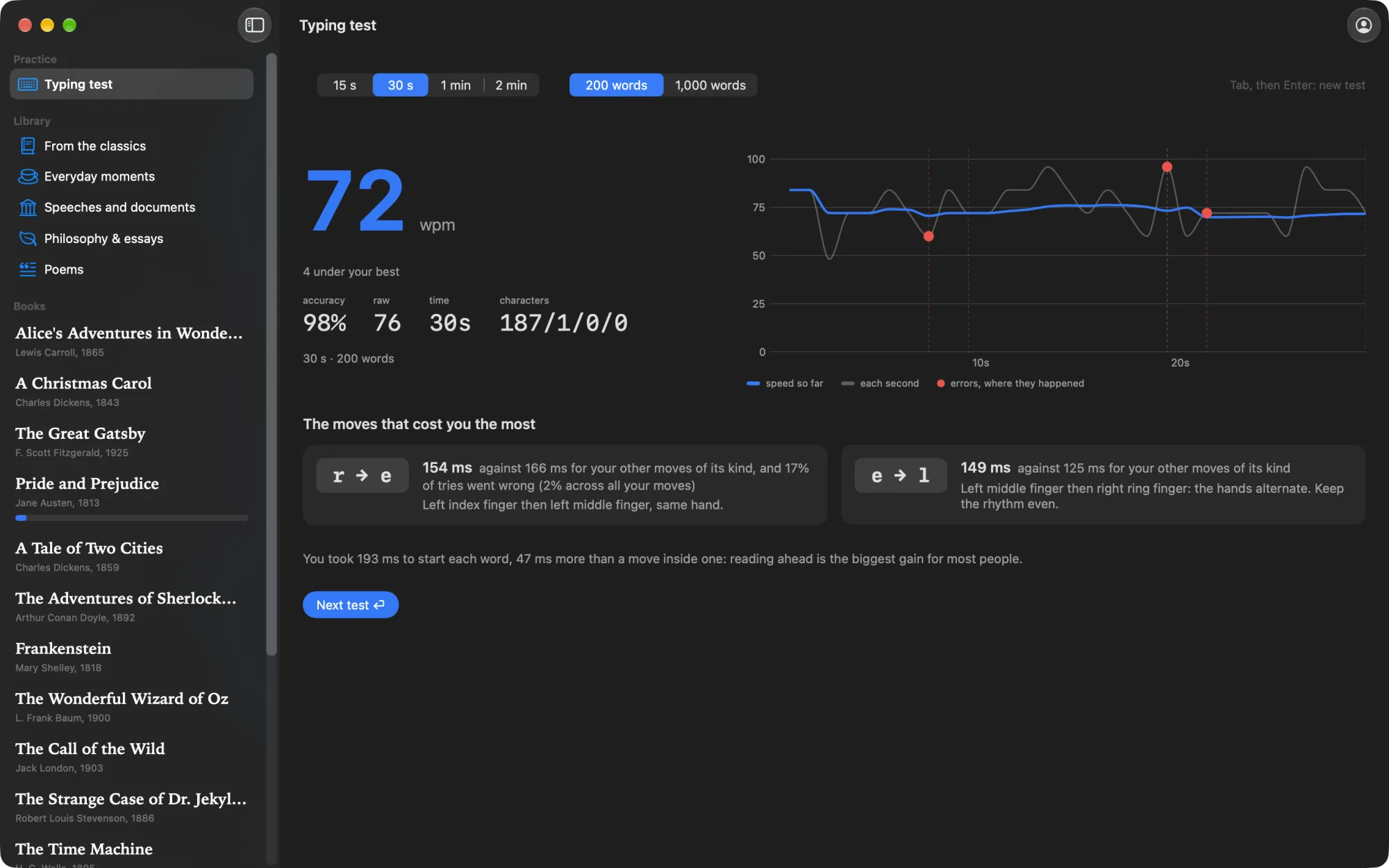 A 30-second typing test result: 72 wpm at 98% accuracy, a chart of speed over the test with the errors marked, and the two slowest moves between keys