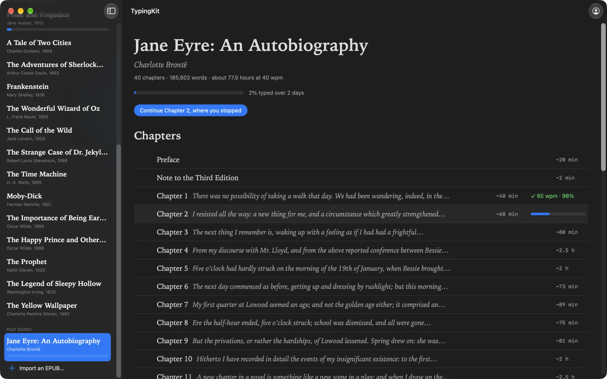 Jane Eyre imported from an EPUB under Your books: forty chapters, the first typed at 65 wpm, the second in progress
